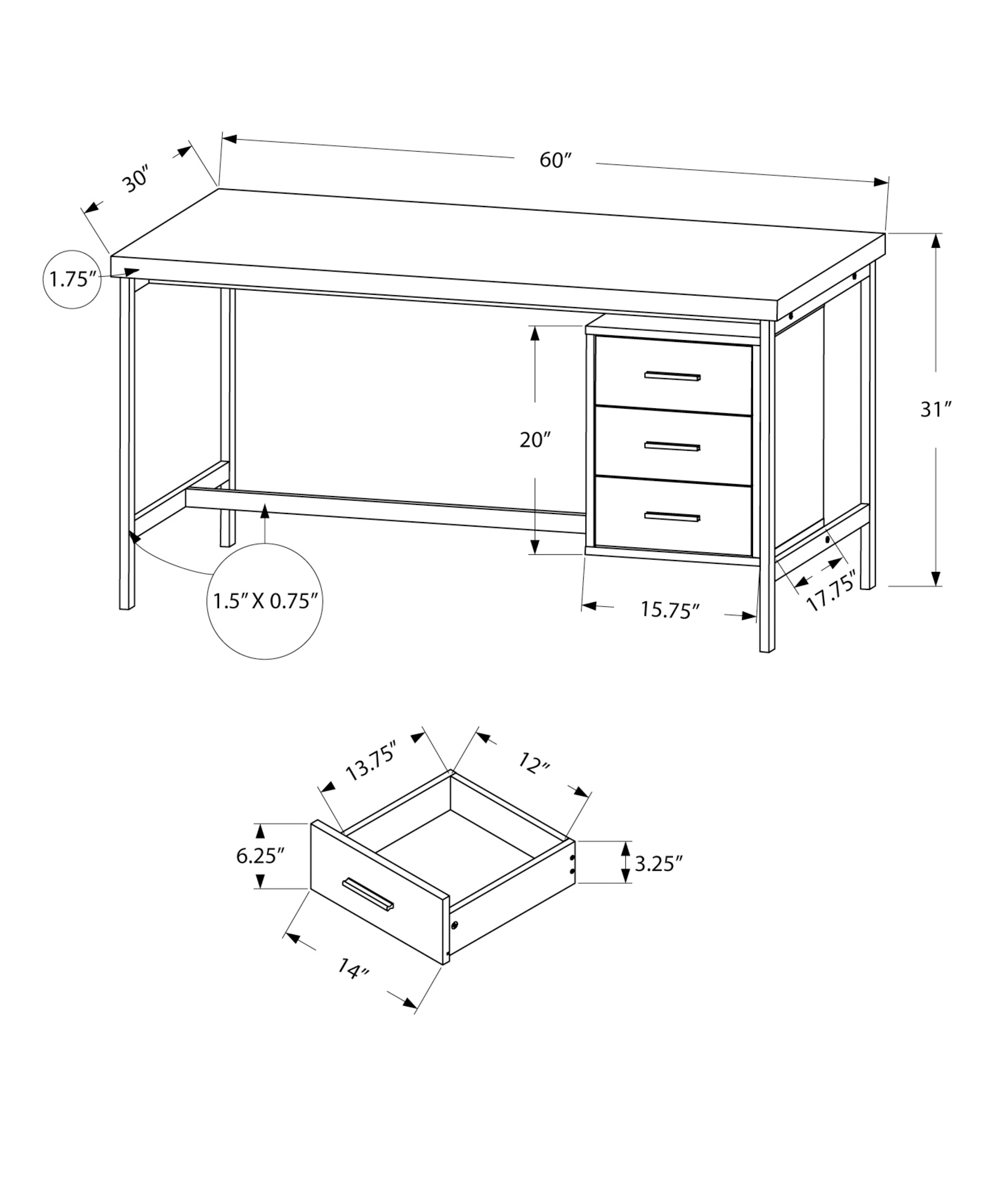 COMPUTER DESK - 60"L / WHITE / SILVER METAL WITH 3 DRAWERS